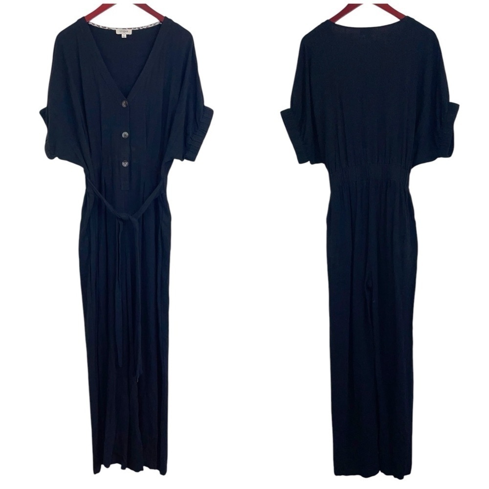 Umgee linen jumpsuit pants button front tie waist black womens medium